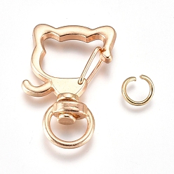 Light Gold Alloy Swivel Lobster Clasps, with Iron Jump Rings, Cat Head, Light Gold, 35x22x6.5mm, Jump Ring: 8x1.2mm