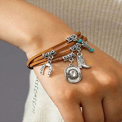 Перу Браслеты из искусственной кожи в стиле вестерн, многорядные, браслеты с подвесками для мужчин и женщин, шляпа/сапог/подкова/кактус, Перу, 6-1/4 дюйм (16 см)