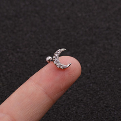 Луна Серьги-гвоздики из латуни с микропаве из прозрачного кубического циркония для женщин, 316l штифты из нержавеющей стали, цвет нержавеющей стали, луна, 6 мм, штифты : 0.8 мм