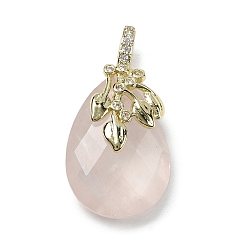 Розовый Кварц Ограненные подвески-капли из натурального розового кварца, с латунной микропаве с отделкой в виде листьев из прозрачного кубического циркония, золотые, стойки покрытие, 24.5~25x13.5x7.5~8.5 мм, отверстие : 3x4.5 мм