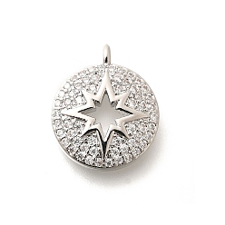 Платина Латунные микропаве прозрачные подвески с фианитом, долговечный, без свинца и без кадмия, плоский круглый со звездными подвесками, платина, 16.5x13.5x3 мм, отверстие : 1.6 мм