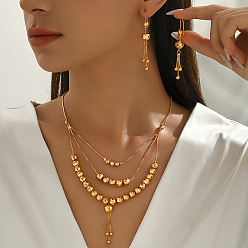 Настоящее золото 18K Винтажное латунное многослойное ожерелье и серьги с круглыми бусинами и кисточками для женщин., реальный 18 k позолоченный, ожерелья: 17.72 дюйм (45 см)