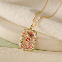 Sea Horse Подвеска-медальон из латуни с микропаве и прозрачными кубическими циркониями., с розовым эмали, золотые, морской конек, 17.72 дюйм (45 см)