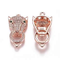 Розовое Золото Соединители из латуни с микропаве и кубическим цирконием, леопард головы, прозрачные, розовое золото , 29x14.6x6.5 мм, отверстие : 1.6 мм