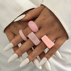 Pink Resin Finger Rings Set, Mixed Shapes, Pink, 19mm