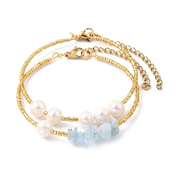 Aquamarine Plated Glass Bugle Beaded Bracelets Sets, Stackable Bracelets, with Chip Natural Aquamarine Beads, Natural Pearl Beads and 304 Stainless Steel Lobster Claw Clasps, Golden, Inner Diameter: 2 inch(5.2cm), 2pcs/Set