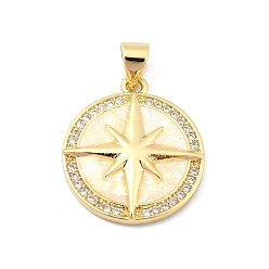 Настоящее золото 18K Латунные микропаве прозрачные подвески с фианитом, без кадмия и без свинца, с синтетическим опалом, плоские круглые со звездой, реальный 18 k позолоченный, 20.5x18x3.5 мм, отверстие : 4x3.5 мм