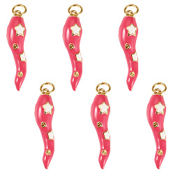 Темно-Розовый 6 кулоны латунные эмалевые шт., реальный 18 k позолоченный, Рог изобилия со звездным узором, с целью перехода в кольце, темно-розовыми, 26x6x6 мм, отверстие : 3.3 мм