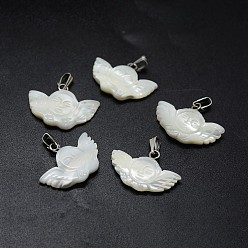 Platinum Shell Pendants, with Brass Findings, Angel, Platinum, 15~16x21~22x3~5mm, Hole: 2x5mm