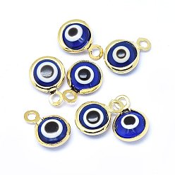 Real 18K Gold Plated Handmade Evil Eye Lampwork Charms, with Brass Findings, Flat Round, Blue, Real 18K Gold Plated, 10x6.5x3mm, Hole: 1.5mm