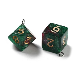 Green 7Pcs 7 Styles Transparent Resin Polyhedral Dice Pendants Set, Pearlized Multi-Sided Dice Charms with Platinum Plated Iron Loops, Mixed Shapes, Green, 20~28x19~24x17~24mm, Hole: 2mm, 1pc/style