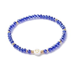 Mittelblau Glasperlen Armbänder strecken, mit Acryl- & Messingperlen, flach rund mit Herzmuster, mittelblau, Innendurchmesser: 2-1/4 Zoll (5.7 cm)
