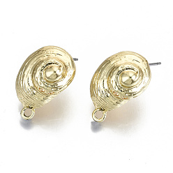 Light Gold Rack Plating Alloy Stud Earring Findings, Cadmium Free & Nickel Free & Lead Free, with Steel Pins and Loop, Snail Shell Shape, Light Gold, 21x14mm, Hole: 1.8mm, Pin: 0.7mm