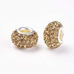 Light Colorado Topaz Grade A Rhinestone European Beads, Large Hole Beads, Resin, with Silver Color Plated Brass Core, Rondelle, Light Colorado Topaz, 12x8mm, Hole: 4mm