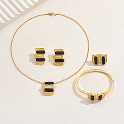 Черный Прямоугольные браслеты из нержавеющей стали и пластика, серьги, ожерелья и кольца для женщин, чёрные