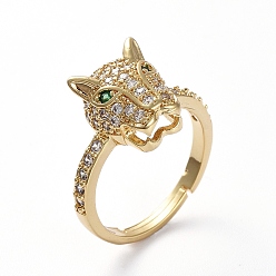 Golden Adjustable Brass Finger Rings, with Micro Pave Cubic Zirconia, Leopard Head, Golden, US Size 7(17.3mm)