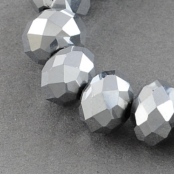 Platinum Plated Electroplate Glass Bead Strands, Faceted, Rondelle, Platinum Plated, 12x8~9mm, Hole: 1.5mm, about 72pcs/strand, 24 inch