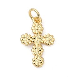 Настоящее золото 18K Латунные подвески, крест с цветочными подвесками, долговечный, без свинца и без кадмия, стойки покрытие, с целью перехода в кольце, реальный 18 k позолоченный, 17x11.5x1.5 мм, отверстие : 3.3 мм