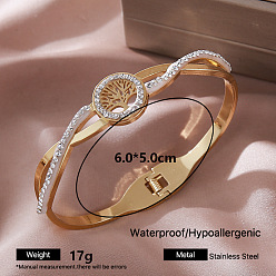 Tree of Life Vintage 304 Stainless Steel Crystal Rhinestone Open Hinged Cuff Bangles for Women, Golden, Tree of Life, Inner Diameter: 2.36 inch(6cm)