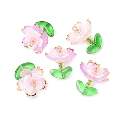 Орхидея Прозрачные акриловые подвески, со стеклянными бисеринами, цветок, золотой металл обвитыми, сиреневые, 20.5x18x18.5 мм, отверстие : 1.8 мм