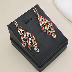 Гиацинт Серьги-кольца с кисточками в виде листьев из латуни, реальный 18 k позолоченный, со стразами, гиацинт, 65x30 мм