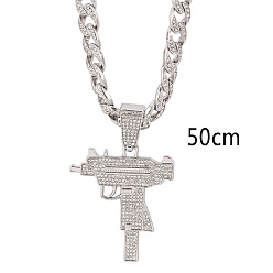 Платина Женские цепочки в кубинском стиле из цинкового сплава с подвеской в форме пистолета, полностью украшенной кристаллами и стразами в стиле хип-хоп., платина, 23.62 дюйм (60 см)