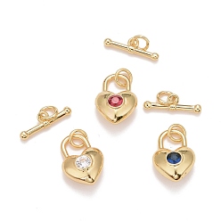 (52) Непрозрачная лаванда Латунные кубического циркония тумблеры застежки, без кадмия, без никеля и без свинца, реальный 18 k позолоченный, блокировка сердечной формы, разноцветные, Сердце: 16x11x6 mm, бар: 15.3x4.4x2 mm, отверстие : 3 мм