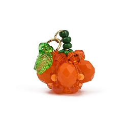 Оранжевый Подвески из стеклянных бусин на тему хэллоуина, с акриловым подвесом в виде листика и соединительными кольцами, тыквенное очарование, оранжевые, 19x18.5 мм, отверстие : 4.5 мм