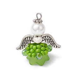 Зеленый лайм Подвески-ангелы из стеклянных бисеров, с акриловыми бусинами, крыльями из сплава и петлей из нержавеющей стали, зеленый лайм, 304 мм, отверстие : 22.5x20x14 мм