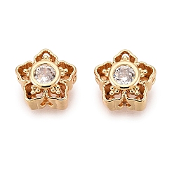 Настоящее золото 18K Латунные звенья с инкрустацией прозрачным кубическим цирконием, цветок, реальный 18 k позолоченный, 7.5x8x4 мм, отверстие : 1.4 мм