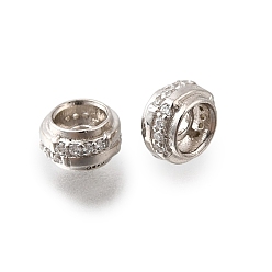 Платинированный 925 бусины из стерлингового серебра с микропаве, прозрачные бусины из кубического циркония, рондель, с печатью 925, Реальная платина, 6x3.5 мм, отверстие : 1.5 мм