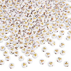 Letter A 500 Uds plateando cuentas de acrílico, metal dorado enlaced, agujero horizontal, plano y redondo con alfabeto, blanco, letra A, 7x3.5 mm, agujero: 1.2 mm
