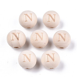 Letter N Unfinished Natural Wood European Beads, Large Hole Beads, Laser Engraved Pattern, Round with Word, Letter.N, 15~16x14~15mm, Hole: 4mm