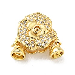 Golden Rack Plating Brass Micro Pave Clear Cubic Zirconia Fold Over Clasps, Cadmium Free & Lead Free, Long-Lasting Plated, Flower, Golden, Flower: 17x17.5x9mm, Clasp:10.5x6.5x6mm, Inner Diameter: 4mm
