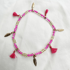 Фуксин Браслеты на ногу в стиле бохо с подвеской в виде пера, кисточкой из пластика, украшенные бисером, античное золото , фуксиново-красные, 9-1/2 дюйм (240 мм)