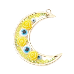 Желтый Подвески латуни cmолы, луна с розой и дурным глазом, с 304 кольцами из нержавеющей стали и лампворком, желтые, 49x44x7 мм, отверстие : 5 мм