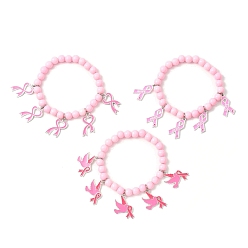 Pink 3шт. наборы браслетов из акриловых бусин, браслеты с подвесками из сплава и эмали с лентой осведомленности, розовые, внутренний диаметр: 2-1/8 дюйм (5.4 см)