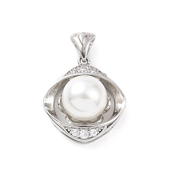 Platinum Eco-friendly Rack Plating Brass Micro Pave Cubic Zirconia Pendants, with ABS Platic Imitation Pearls, Cadmium Free & Lead Free, Long-Lasting Plated, Rhombus Eye Charm, Platinum, 20.5x18x11mm, Hole: 2.5x4.5mm