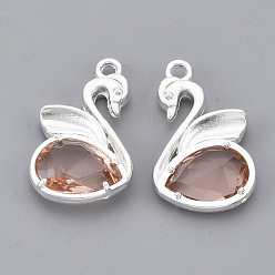 Silver Eco-Friendly Alloy Glass Pendants, Faceted, Nickel Free, Swan, Pink, Silver Color Plated, 20x12.5x4mm, Hole: 1.5mm