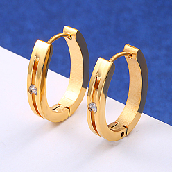 Real 18K Gold Plated Elegant 304 Stainless Steel Hoop Earrings, Oval, with Clear Cubic Zirconia, Real 18K Gold Plated