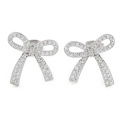 Platinum Brass Pave Clear Cubic Zirconia Stud Earrings for Women, Bowknot, Platinum, 18x17mm