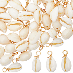 Золотой 100шт. подвески из натуральной ракушки каури, с петлями из латунной проволоки, подвески в форме ракушек, золотые, 22x11x8 мм, отверстие : 2.8 мм