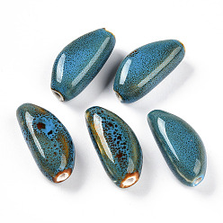 Кадет Синий Фарфоровые бусины ручной работы, фантазии античного стекла фарфора, зубчик чеснока, кадетский синий, 31~33x15~16.5x12~13.5 мм, отверстие : 2.5~3 мм