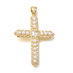 Real 18K Gold Plated Brass Micro Pave Clear Cubic Zirconia Pendants, with ABS Plastic Imitation Pearl, Cross Charms, Lead Free & Cadmium Free, Long-Lasting Plated, Rack Plating, White, Real 18K Gold Plated, 38.5x27.5x3.5mm, Hole: 4x3.5mm