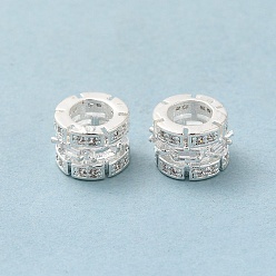 Серебро Стойка металлизированный латунь европейский бисер, бусины с большим отверстием, с кубического циркония, долговечный, без свинца и без кадмия, колонка, серебряные, 10x7 мм, отверстие : 5 мм