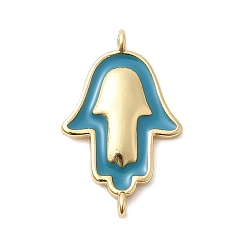 Настоящее золото 18K Подвески-соединители для рук с хамсой из латуни и эмали, темные бирюзовый, долговечный, стойки покрытие, без свинца и без кадмия, реальный 18 k позолоченный, 20.5x13x2 мм, отверстие : 1 мм