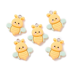 Gold Opaque Resin Pendants, with Platinum Tone Iron Loops, Bee, Gold, 25.5x22.5x6mm, Hole: 2mm