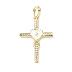 White Brass Micro Pave Clear Cubic Zirconia Pendants, with Enamel, Cross with Heart Charms, Rack Plating, Long-Lasting Plated, Cadmium Free & Lead Free, Real 18K Gold Plated, White, 23x29.5x3.5mm, Hole: 3.5x5.5mm