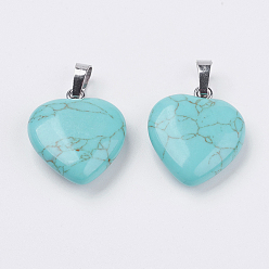 Synthetic Turquoise Synthetic Turquoise Pendants, Heart, with Brass Findings, Platinum, 22~23x20~20.5x6~7.5mm, Hole: 5x8mm