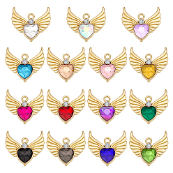 (52) Непрозрачная лаванда 30шт 15 цветной сплав подвески со стразами, золотой свет, ангельские крылья любви, подвески, разноцветные, 22x21x5 мм, отверстие : 1.8 мм